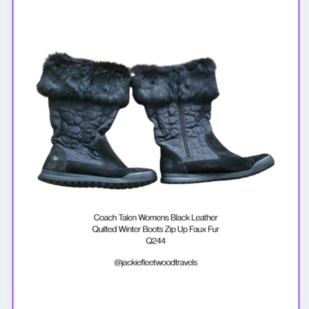 Coach Talen Womens Black Leather Quilted Winter Boots Zip Up Faux Fur Q244 - Picture 1 of 14